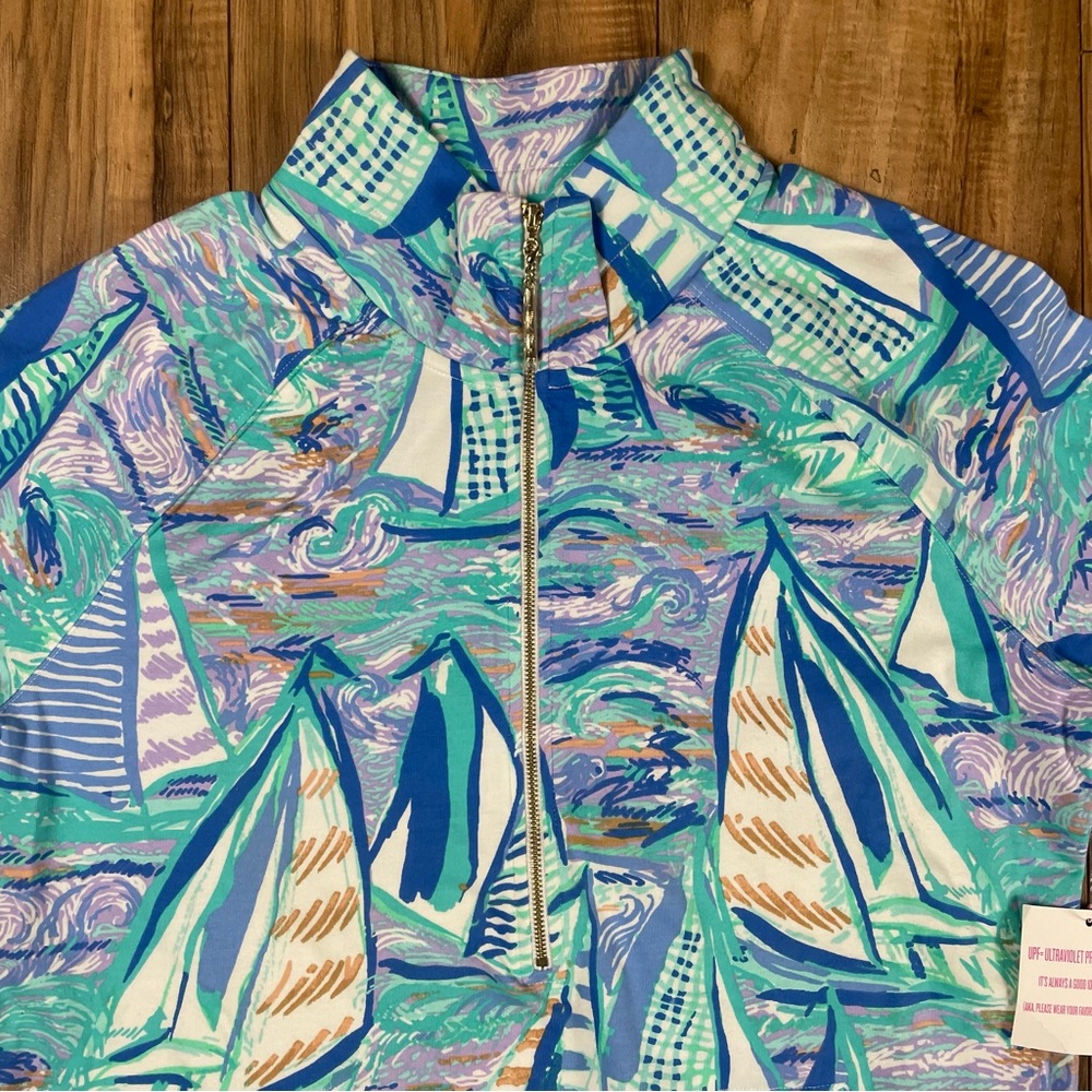 Lilly Pulitzer Skipper Popover Aboat Time Boats Sz Large NWOT Blue Quarter Zip - Picture 2 of 9